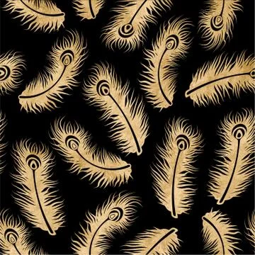 Gold Peacock Feather Seamless Pattern on Black Background Stock Illustration