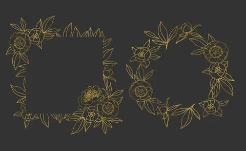 Gold peony frames. Square and round frames with linear flowers and leaves. Place Stock Illustration
