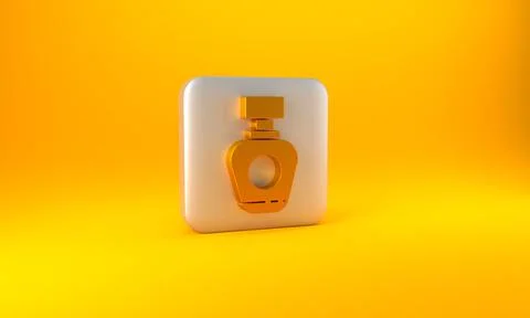 Gold Perfume icon isolated on yellow background. Silver square button. 3D render Stock Illustration