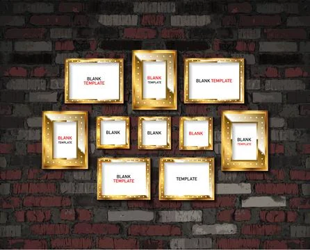 Gold photo frames on a brick wall background 스톡 일러스트