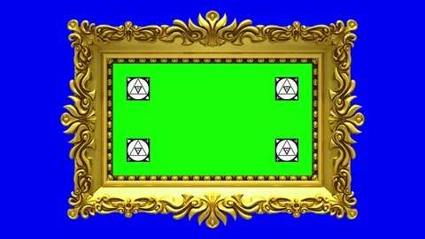 Gold picture frame with motion tracking markers on blue background, chroma key Stockbeeldmateriaal 85138706
