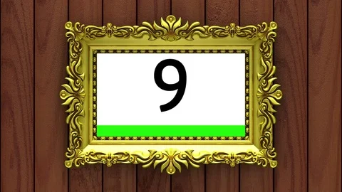 Gold picture frames countdown on brown wood background, chroma key Stockbeeldmateriaal 85088694