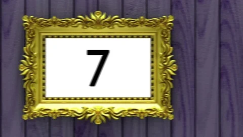 Gold picture frames countdown on purple wood background, chroma key Stock Footage 85088293