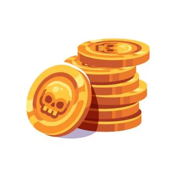 Gold pirate coin with a skull stack flat illustration Stock Illustration
