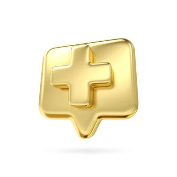 Gold plus with bubble sign icon. Cartoon icon of first aid and health care Stock Illustration