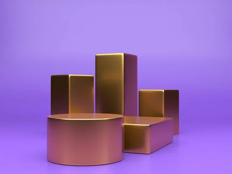 Gold podium shelf or empty pedestal display on vivid purple background with m Stock Illustration