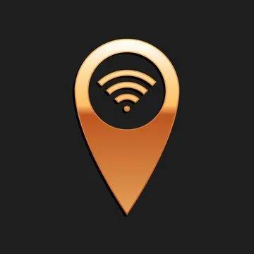 Gold Pointer map with wifi internet signal connection icon isolated on black Illustrazione stock