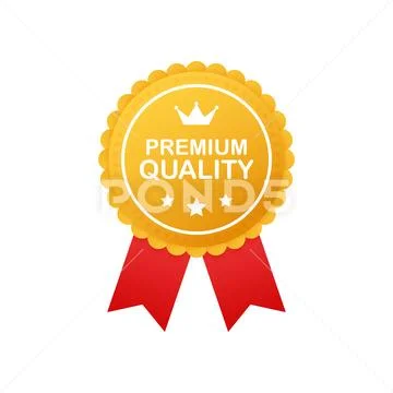 Gold premium quality rosette with red ribbon on white background. Vector illu Stock Illustration