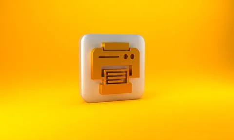 Gold Printer icon isolated on yellow background. Silver square button. 3D render イラスト素材