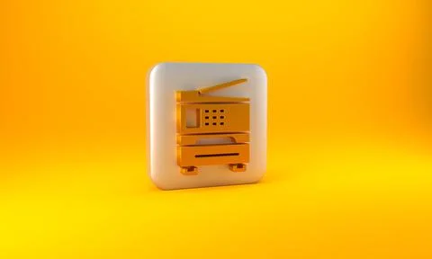 Gold Printer icon isolated on yellow background. Silver square button. 3D render イラスト素材