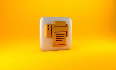 Gold Printer icon isolated on yellow background. Silver square button. 3D render イラスト素材