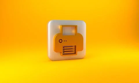 Gold Printer icon isolated on yellow background. Silver square button. 3D ren イラスト素材