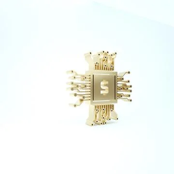 Gold Processor chip with dollar icon isolated on white background. CPU, centr Stock Illustration
