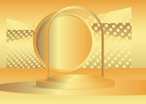 Gold product display. Vector 3D golden room, cylinder pedestal podium. Stag.. Stock Illustration
