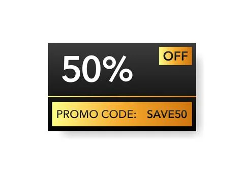 Gold promo code discount. Save money. White background. Minimal design. Vecto Stock Illustration