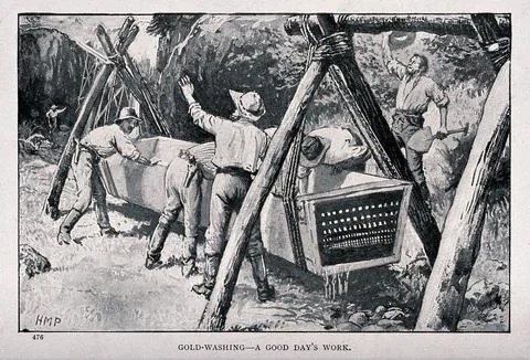 Gold prospectors constructing a long box with a filter for panning gold. Pr.. Stock Illustration