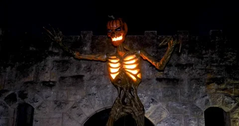 Gold pumpkin head Skeleton set in orange flame 動画素材 289303404