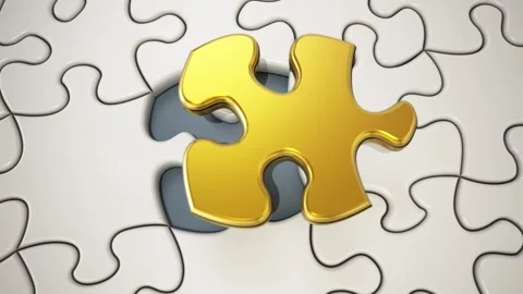 Gold puzzle piece is placed on the hole among other parts and fits perfectly Stock Footage 294179078