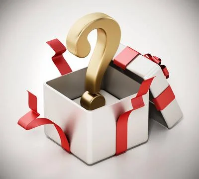 Gold question mark inside open giftbox. 3D illustration Gold question mark... Foto stock