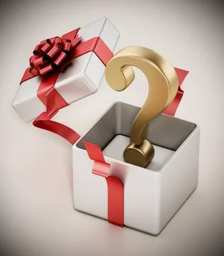 Gold question mark inside open giftbox. 3D illustration Gold question mark... Foto stock