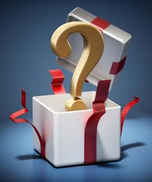 Gold question mark inside open giftbox. 3D illustration Gold question mark... Foto stock