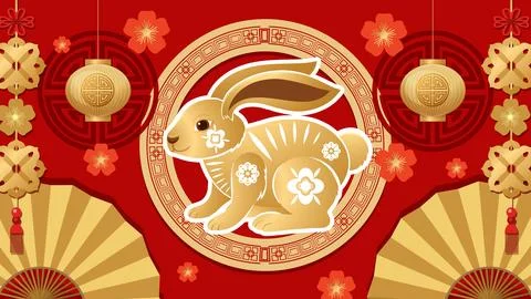 Gold rabbit vector art on red background with lanterns, fans, and floral deco Illustrazione stock