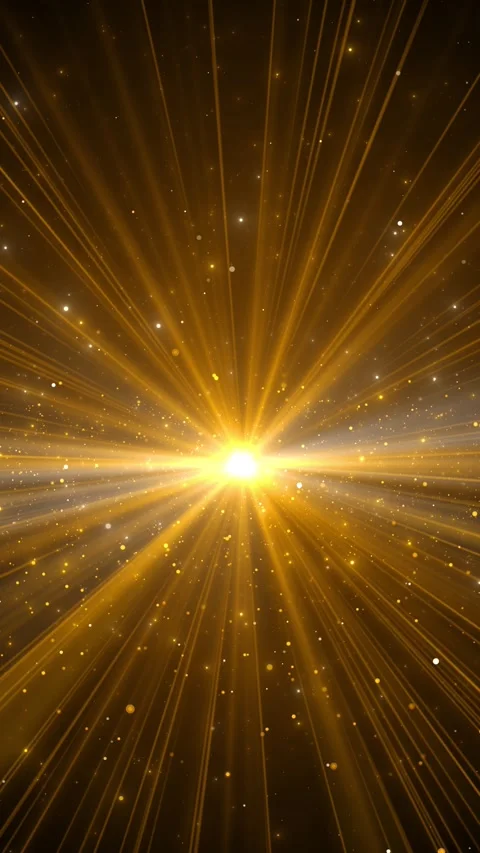 Gold radiant energy explosion bright flare, glowing beams, warm particles, and d Stock Footage 340413604