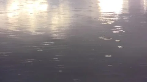 Gold raindrop circles on darker flat water surface w bright gold areas at top Video stock 264786154