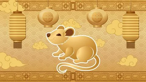 Gold rat character vector on patterned background with paper lanterns and sty 스톡 일러스트