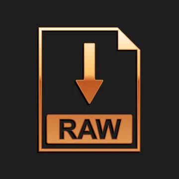 Gold RAW file document icon. Download RAW button icon isolated on black Stockillustratie