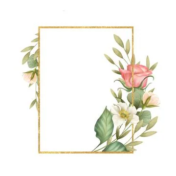 Gold rectangle frame with flowers and leaves. Floral Wedding card decor. Stock Illustration