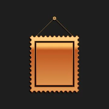Gold Rectangular picture frame hanging on the wall icon isolated on black Stock Illustration