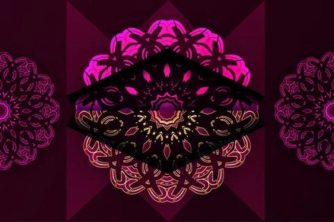 Gold red layered mandala structure with radiant star form on deep Stock Illustration
