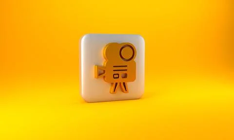 Gold Retro cinema camera icon isolated on yellow background. Video camera. Mo Stock Illustration