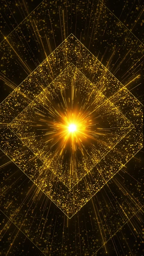 Gold rhombus energy backdrop luminous beams, glitter dust, sharp diamond shapes Stock Footage 334103247