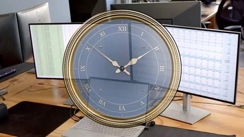 Gold rim clock overlay appearing over laptop, scaling and fading while hands Stock-Footage 337904960