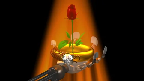 Gold ring and Rose in robot's hand Stock Footage 334776639