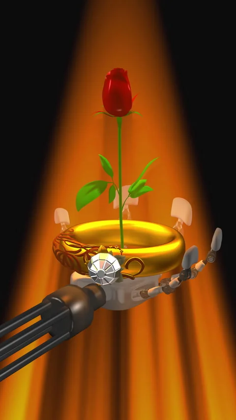 Gold ring and Rose in robot's hand Stock Footage 334776683
