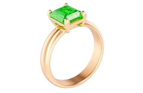 Gold ring with emerald cut green gemstone. 3D rendering Stock Illustration