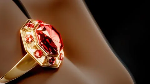 Gold ring on finger with red ruby gem stone, fictive - object 3D rendering Stock Illustration