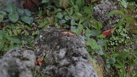 Gold ring lie on the stone surface in sunny day Видео 123895819
