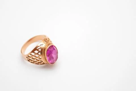 Gold ring with ruby isolated on white background Foto stock