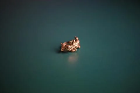 Gold ring in the shape of a crocodile on a background of emerald color Stock Photos