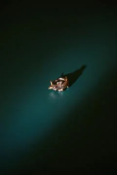 Gold ring in the shape of a crocodile on a background of emerald color Fotos de archivo