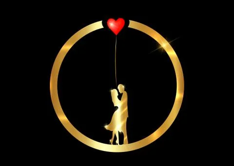 Gold ring valentines day concept, romantic golden silhouette of loving couple Illustrazione stock