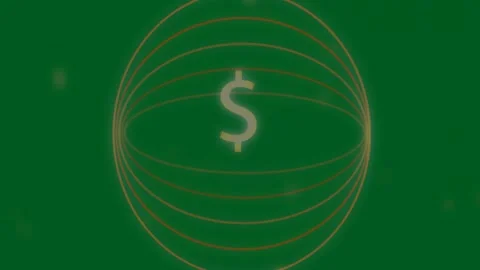 Gold ringed sphere rotating with glowing $, sweep line entering, visualizing Stock Footage 329572928