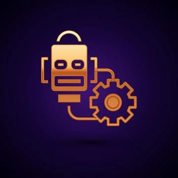 Gold Robot setting icon isolated on black background. Artificial intelligence Stock Illustration