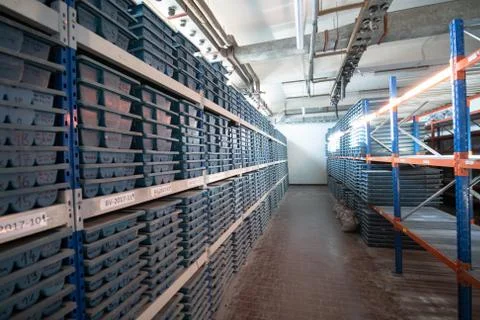 Gold rock core drill samples storage 스톡 사진