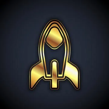 Gold Rocket ship icon isolated on black background. Space travel. Vector Stock Illustration