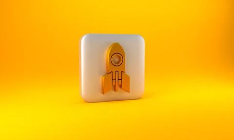 Gold Rocket ship icon isolated on yellow background. Space travel. Silver square Illustrazione stock